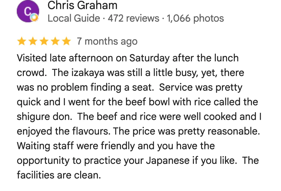 Google review of Manpuku