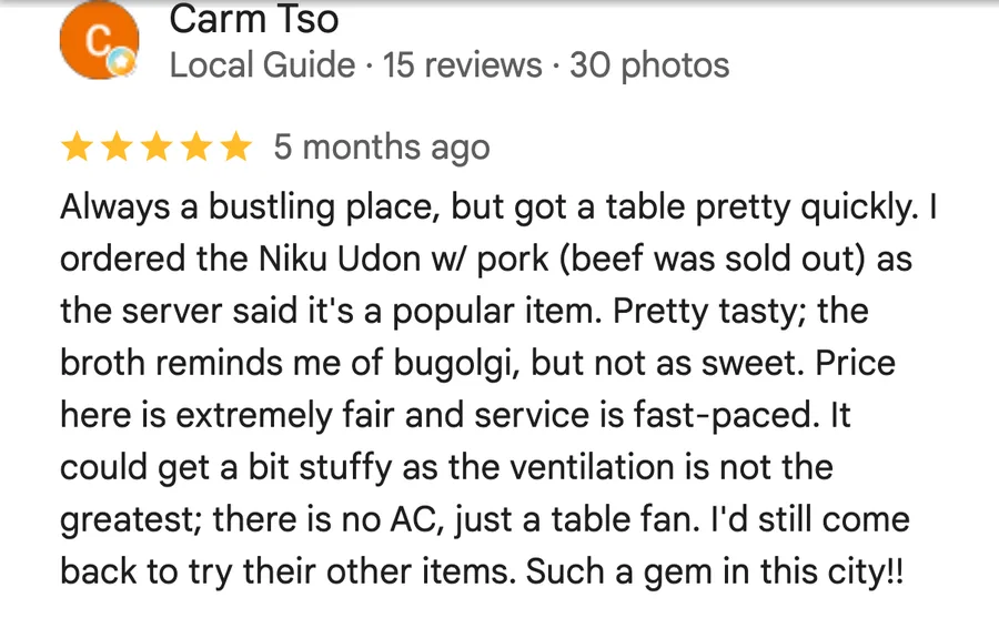 Google review of Manpuku