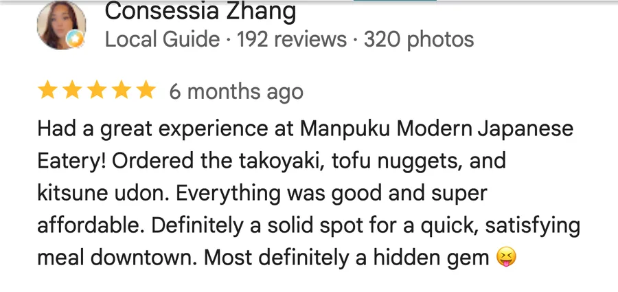 Google review of Manpuku